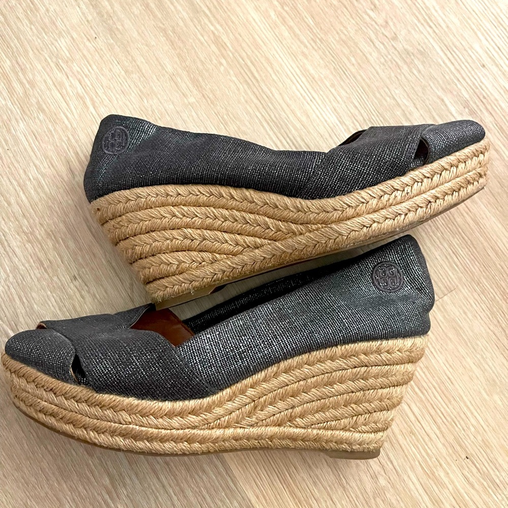 Tory Burch Filipa Pewter Gray Wedge Espadrille Womens Size 9.5 Made In Spain
